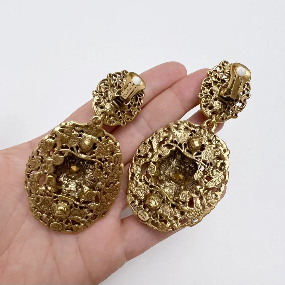 Oscar de la Renta Baroque Goldtone Enamel Floral Crystal Drop Clip On Earrings